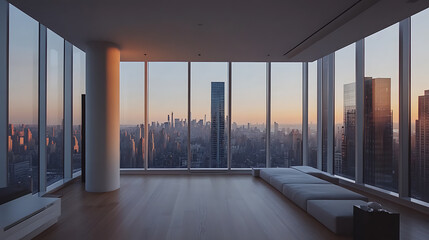 Aufkleber - Minimalist apartment with city view, interior design of modern living room