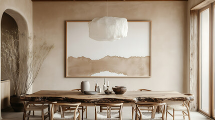 Fototapete - Rustic live edge dining table and wooden log chairs against beige wall with big art poster frame, farmhouse, japandi interior design of modern dining room