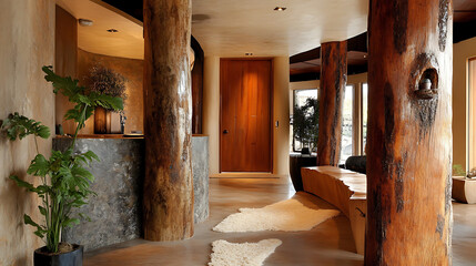 Poster - Tree trunk columns in rustic interior design of modern entrance hall with door