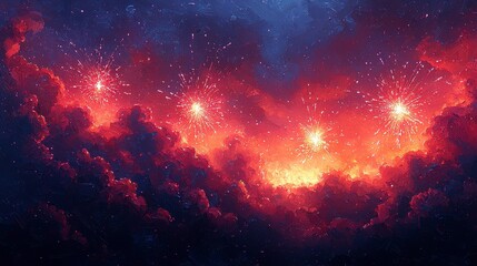 Wall Mural - fiery fireworks explode in a dark, stormy sky.