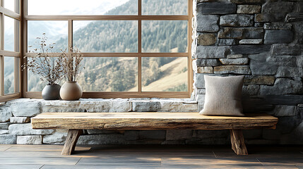 Aufkleber - Wooden rustic bench near wild stone cladding wall against window, farmhouse interior design of modern home entryway