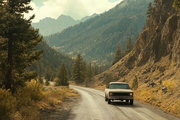 Sticker - A snorkel equipped pickup travels along a picturesque mountain road