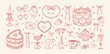 © Anna Bova - Set of hand drawn coquette elements for Valentines day, wedding invitation, birthday card. Cute girly bows, hearts, ribbons, cherry, cake, heart frame, strawberry. Vintage elegant vector illustration.
