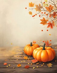 Wall Mural - Autumn pumpkins, fall leaves, wooden table, Thanksgiving.