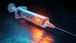 © antishock - Syringe releases glowing waves of molecular energy, symbolizing protection and the spreading strength of immunity in medicine