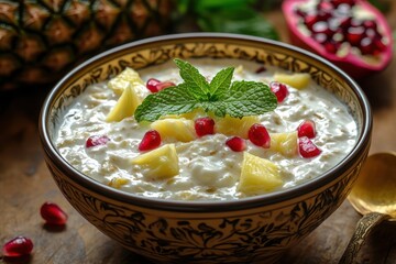 Poster - Bowl of yogurt and pineapple raita decorated with mint and pomegranate on a vibrant or wooden surface Selective focus