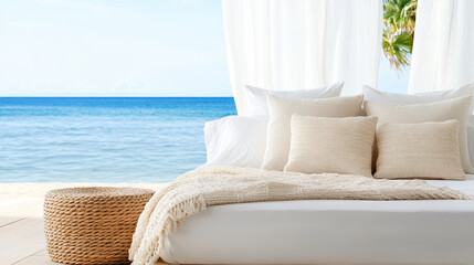 Wall Mural - Luxurious outdoor bed with soft pillows by serene ocean view