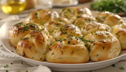 Sticker - A platter of freshly baked, golden brown, cheesy rolls, sprinkled with chopped parsley, on a white tablecloth, ready to be served.