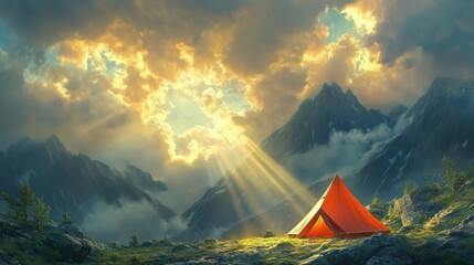 Poster - An orange tent nestled in the mountains under a vivid evening sky with rays of sunlight piercing through clouds