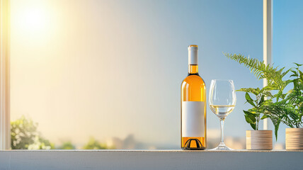 Wall Mural - minimalist scene featuring wine bottle, glass, and plants