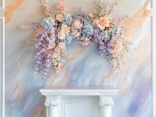 Wall Mural - A floral arrangement in soft pastel colors hangs above a white mantel