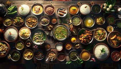 Poster - A large spread of traditional Sri Lankan food, including curries, rice, and other dishes.