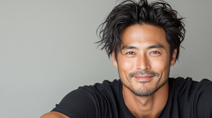 Wall Mural - smiling man with tousled hair poses against neutral background