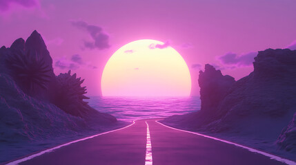 Poster - A colorful purple sunset, with a road to the sky, an endless edge, the sea, reefs, a portal to another world, 3d render