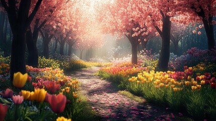 Canvas Print - Enchanted Spring Path: A Dreamlike Garden of Blossoms and Tulips