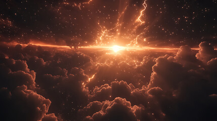 Poster - A stormy dark sky with black clouds and sparkling lightning from behind which the sun and direct sunlight are visible, ai