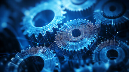 Leinwandbilder - Abstract iso standards quality control concept, cogs and gear wheel mechanisms concept in wireframe low polygonal blue mesh with dots, lines, and shapes
