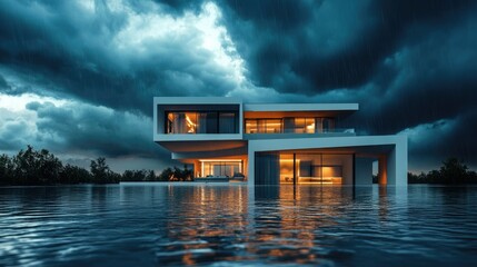 Wall Mural - Elevated modern villa surrounded by floodwaters under a dramatic stormy sky, symbolizing resilience