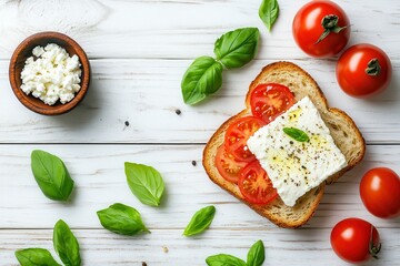 Wall Mural - Cottage cheese tomatoes and basil on a white wood surface Classic Italian bruschetta Nutritious feta and tomato toast Aerial view