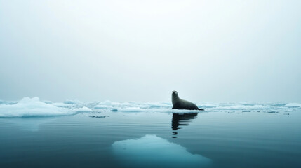 Wall Mural - lone seal takes a peaceful rest on a small ice floe, surrounded by a vast expanse of icy water and a