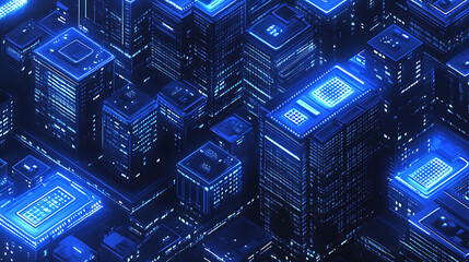 Fototapete - Digital building in matrix style, binary city of blue light, abstract technological background