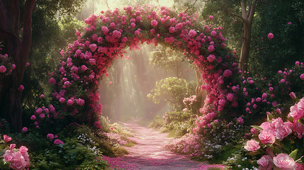 Aufkleber - Elegant portal in floral arch in pink fairy tale forest