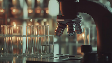 Aufkleber - Exploring the depths of science: microscope and test tubes in a laboratory research and development concept