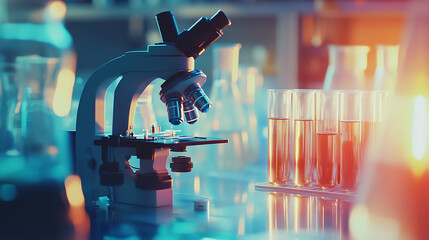 Aufkleber - Exploring the depths of science: microscope and test tubes in a laboratory research and development concept