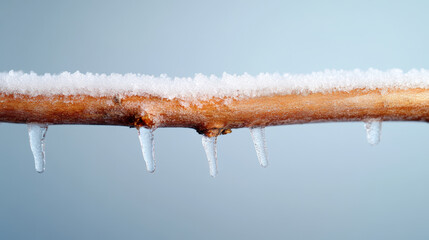 Wall Mural - melting icicles hanging from snow-laden evergreen branch, soft gray-blue winter light filtering thro