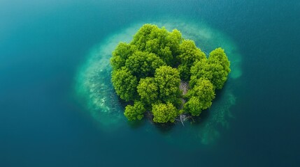 Canvas Print - Small island of waste surrounded by peaceful blue waters, vibrant green trees showing hope in nature resilience