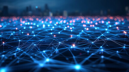 Poster - Futuristic infrastructure of a smart night city, blue neon colors