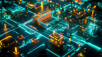 Leinwandbilder - Futuristic neon city in an isometric form, the concept of connecting devices, communication between devices, 3d artwork