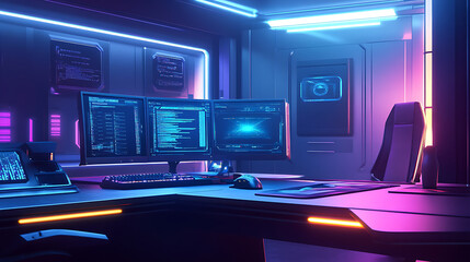 Poster - Gaming computer on desk in video gamer room with neon lights, futuristic modern illustration in blue neon colors, ai