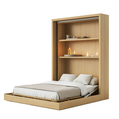 Poster - A space saving, modern wooden wall bed with built in shelves and a small electric fireplace, showcasing a sleek and contemporary design.