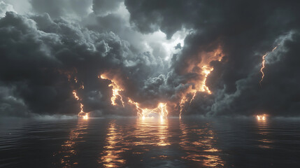 Poster - Gray sky with stormy black clouds and bright lightning discharges over a body of water 3d illustration