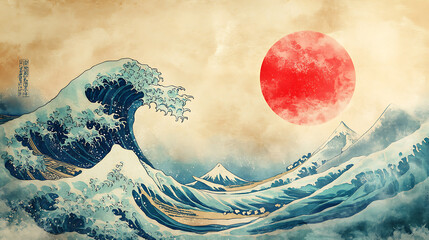 Wall Mural - great wave, japanese background with watercolor texture, an old japanese work of art with a big wave