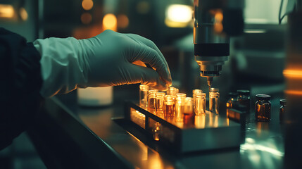 Aufkleber - Hand in gloves inspecting medical vials on a pharmaceutical production line, close-up view of machine and glass bottles