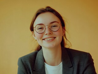 Portrait of happy woman with eyeglasses smiling, beige background, wearing jacket and white t-shirt, brown hair, positive expression, casual style, indoor portrait, friendly demeanor, approachable