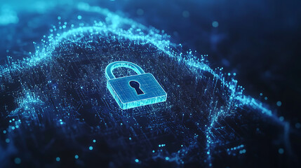 Aufkleber - Internet security lock information privacy low polygonal future innovation technology network business concept blue modern illustration of a cyber safety padlock on a data mass