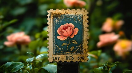 Canvas Print - Vintage Postage Stamp with a Rose in a Garden