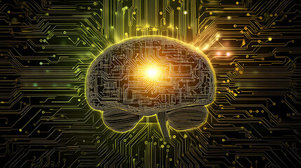 Poster - Machine learning, artificial intelligence, ai, deep learning blockchain neural network concept, brain made with shining wireframe above cpu on circuit