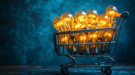 Glowing light bulbs in a shopping cart on a dark background.