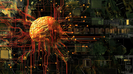 Poster - Neuronal network concept with chip and circuits, illustration