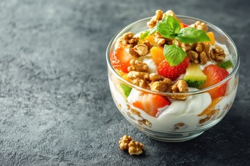 Wall Mural - Glass bowl of yogurt fruit salad with walnuts on stone surface Healthy dining Focused shot