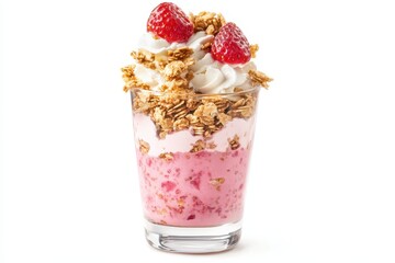 Sticker - Glass of strawberry Greek yogurt granola parfait on a white background Toned selectively focused