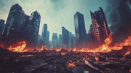 Poster - Post-apocalyptic cityscape: a view of the destroyed buildings, burning rubble, and polluted environment in a dystopian world