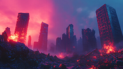 Poster - Post-apocalyptic cityscape: a view of the destroyed buildings, burning rubble, and polluted environment in a dystopian world