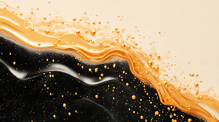 Leinwandbilder - Raster illustration of splashes of water, wave color with sand, foam, drink mixture of black orange colors, waves and gold swirls, 3d render raster background for business and advertising
