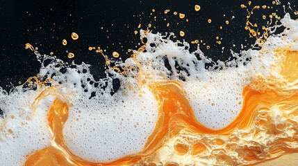 Poster - Raster illustration of splashes of water, wave color with sand, foam, drink mixture of black orange colors, waves and gold swirls, 3d render raster background for business and advertising