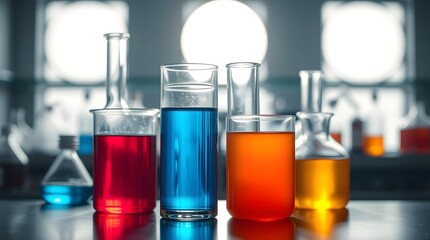 Colorful laboratory glassware display with blue and orange liquids.